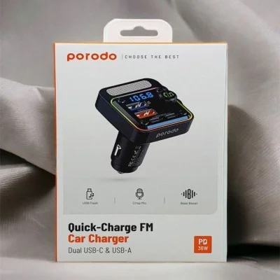 Porodo Quick-Charge FM Car Charger Dual USB-C - USB-A - Black